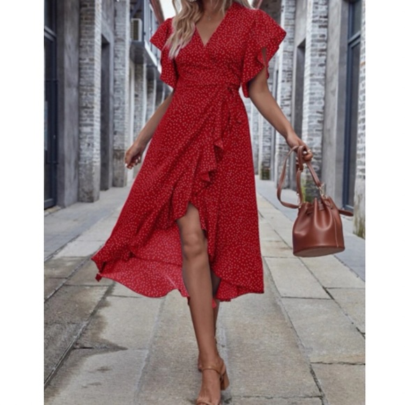 Boho polka dots ruffle hem wrap dress black - Picture 11 of 16